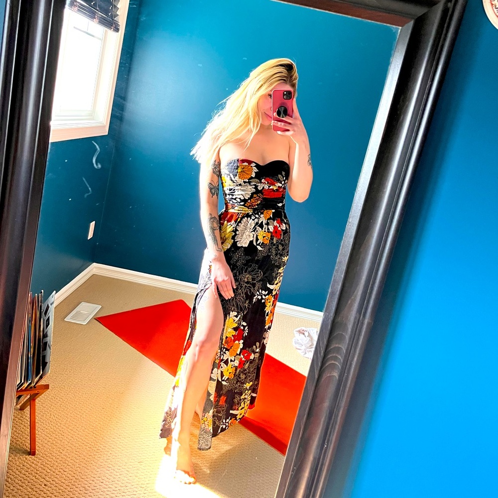 Strapless black floral dress with slit